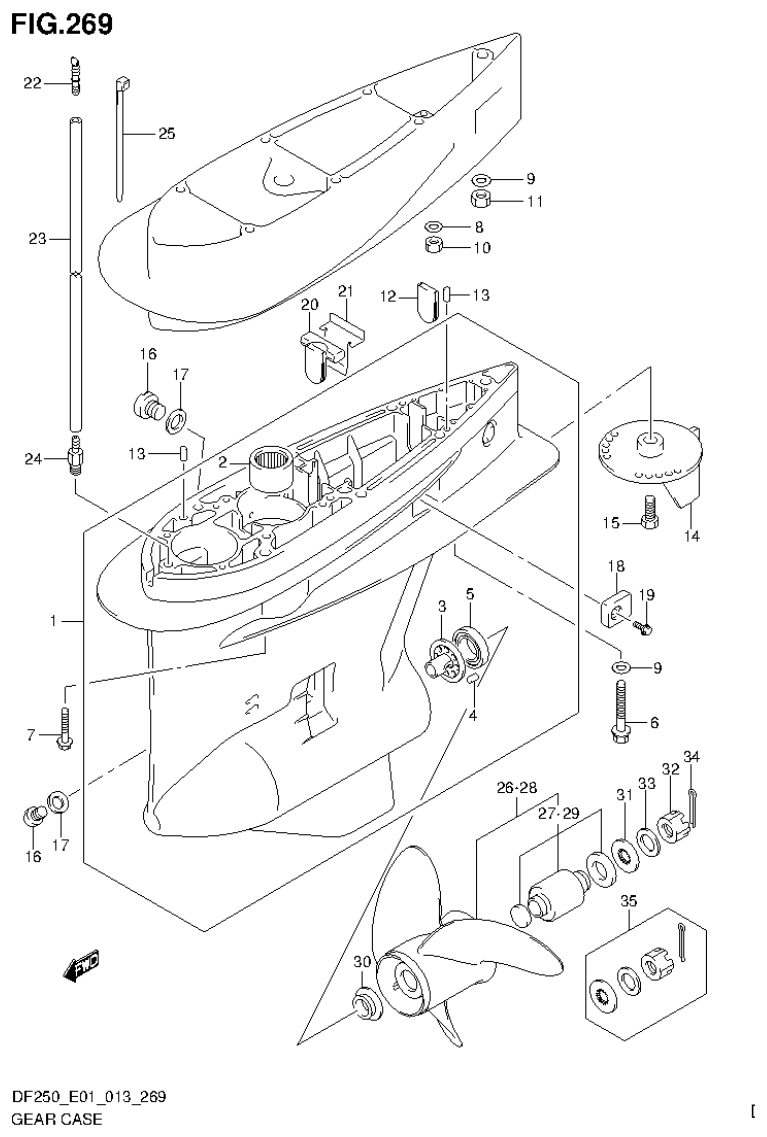 Suzuki DF200T, DF200Z, DF225T, DF225Z, DF250T, DF250Z GEAR CASE (DF225Z E1) parts diagram